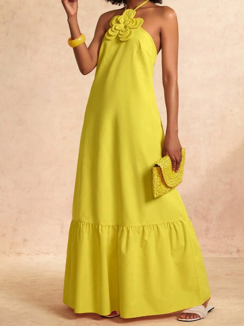 Yellow Casual Women's Halter Tie-Up 3D Floral Decor Open Back A-Line Dress - Picture 3 of 8